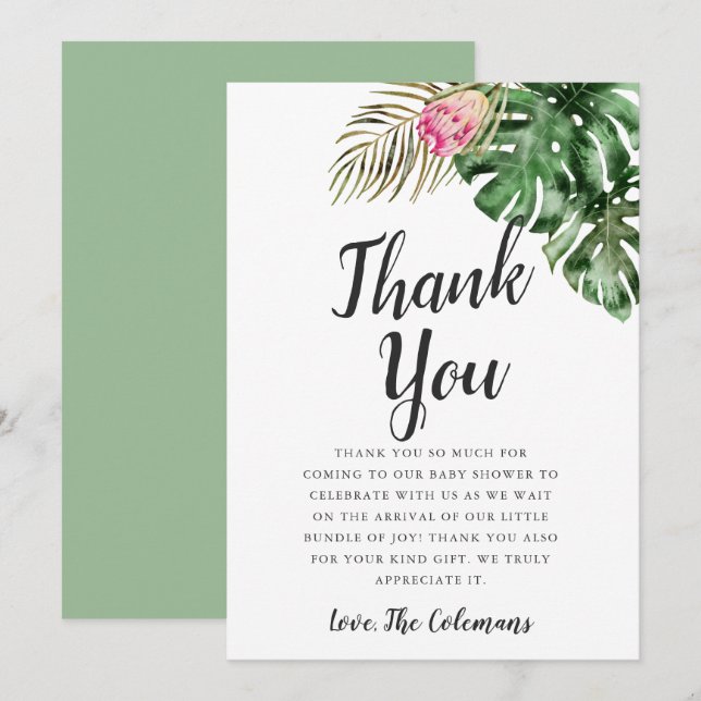 Tropical Watercolor Greenerity Baby Shower Dankeskarte (Vorne/Hinten)