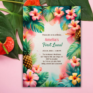 Tropical Watercolor Hawaiian First Luau Birthday Einladung