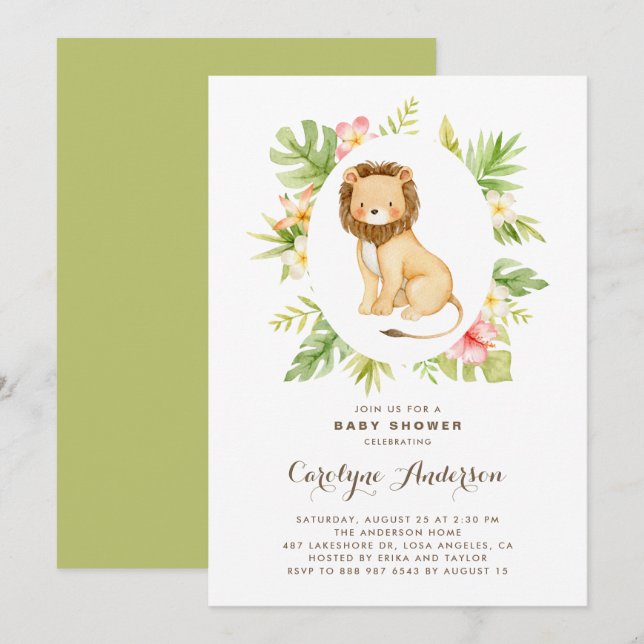 Tropical Watercolor Löwe Summer Baby Dusche Einladung (Vorne/Hinten)