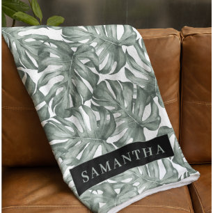 Tropical Watercolor Modern Oasis Leaves Fleecedecke