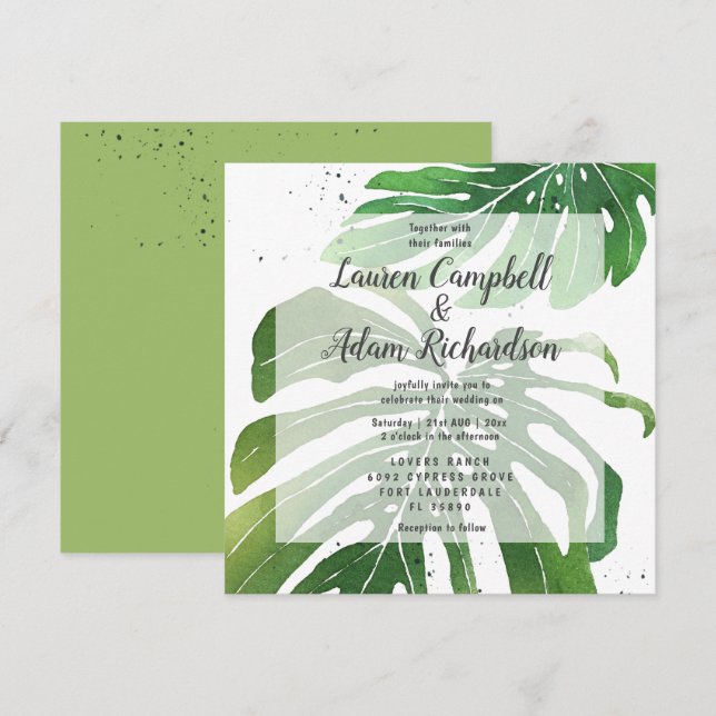 Tropical Watercolor Monstera Foliage Einladung (Vorne/Hinten)