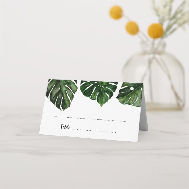Tropical Watercolor Monstera Leaf Grüne Hochzeit Platzkarte (Vorderseite)