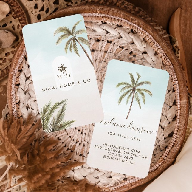 Tropical Watercolor Palm Trees Boho Monogram Visitenkarte (Tropical Watercolor Palm Trees Boho Monogram Business Card)