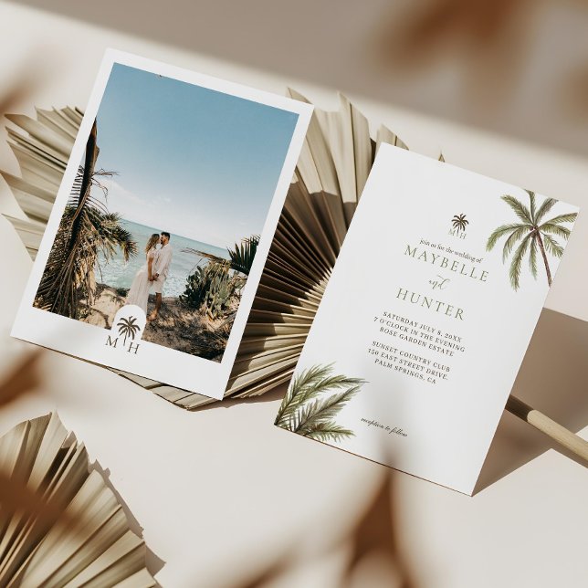 Tropical Watercolor Palm Trees Boho Wedding Foto Einladung (Tropical Watercolor Palm Trees Boho Wedding Photo Invitation)