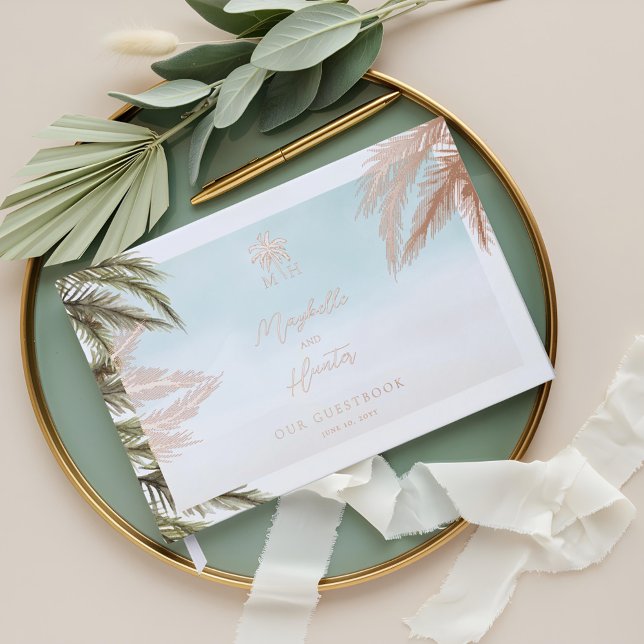 Tropical Watercolor Palm Trees Wedding Monogram Gästebuch (Tropical Watercolor Palm Trees Wedding Monogram Foil Guest Book)