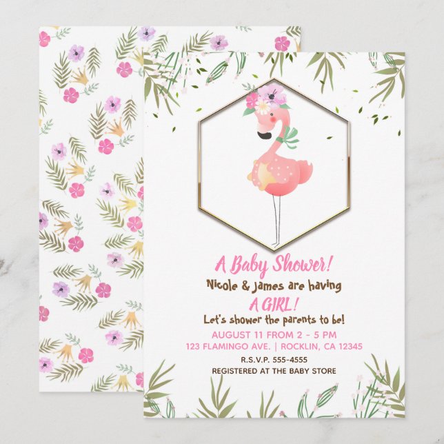 Tropical Watercolor Pink Flamingo Kinderdusche Einladung (Vorne/Hinten)