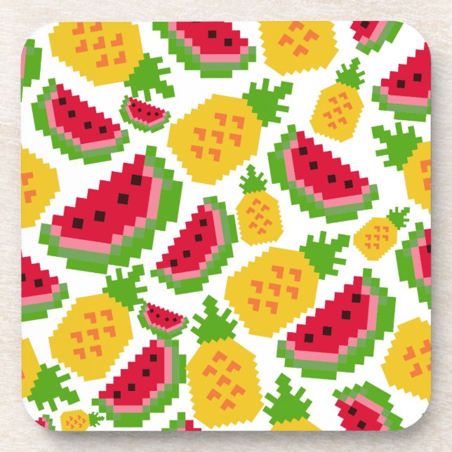 Tropical Watermelon and Pineapple Pixel Pattern Getränkeuntersetzer (Vorderseite)