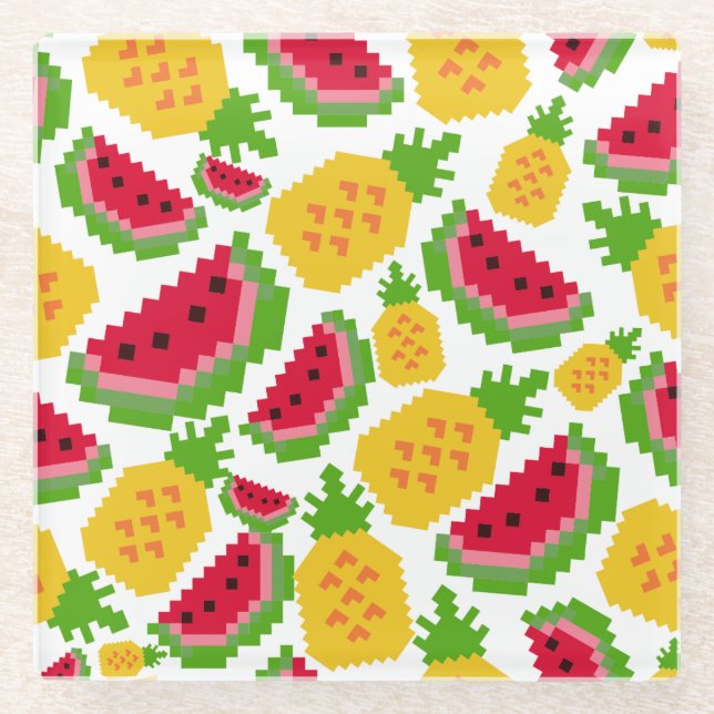 Tropical Watermelon and Pineapple Pixel Pattern Glasuntersetzer (Vorderseite)