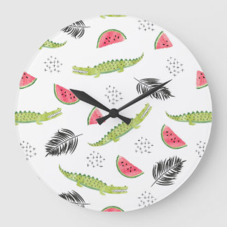 Tropical Watermelon & Crocodile Pattern Große Wanduhr