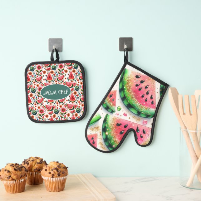 Tropical Watermelon Retirement Mama Oma Ehefrau Ofenhandschuh & Topflappen-Set (Insitu (Hängend))