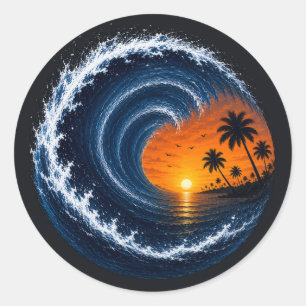 Tropical Wave Sunset Surf Logo-Shirt Ozeanwirbel Runder Aufkleber