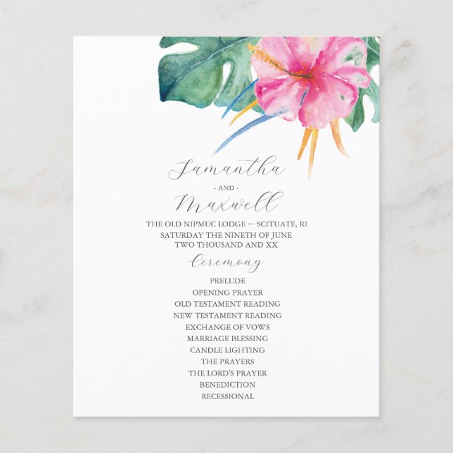 Tropical Wedding Ceremony Programs Pink Flowers (Vorderseite)