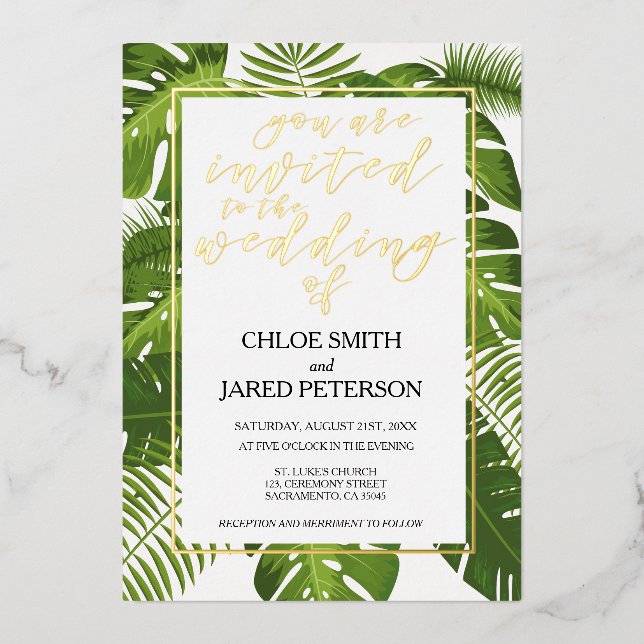 Tropical Wedding Gold Classy Einladung (Vorderseite)