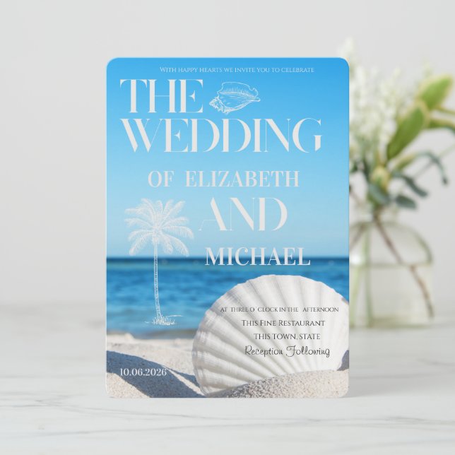 Tropical Wedding Ocean Beach Wedding Einladung (Stehend Vorderseite)