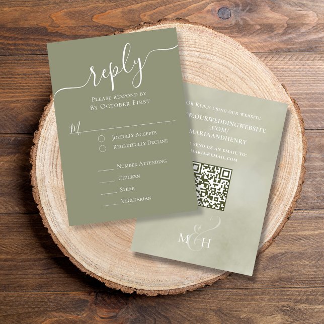 Tropical Wedding RSVP Card QR Code Palm Leaves (Simple Green watercolor RSVP card with classic meal choice and QR Code.)
