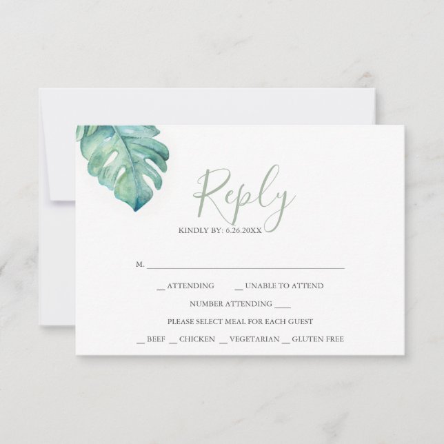 Tropical Wedding RSVP Cards Watercolor Greenery (Vorderseite)