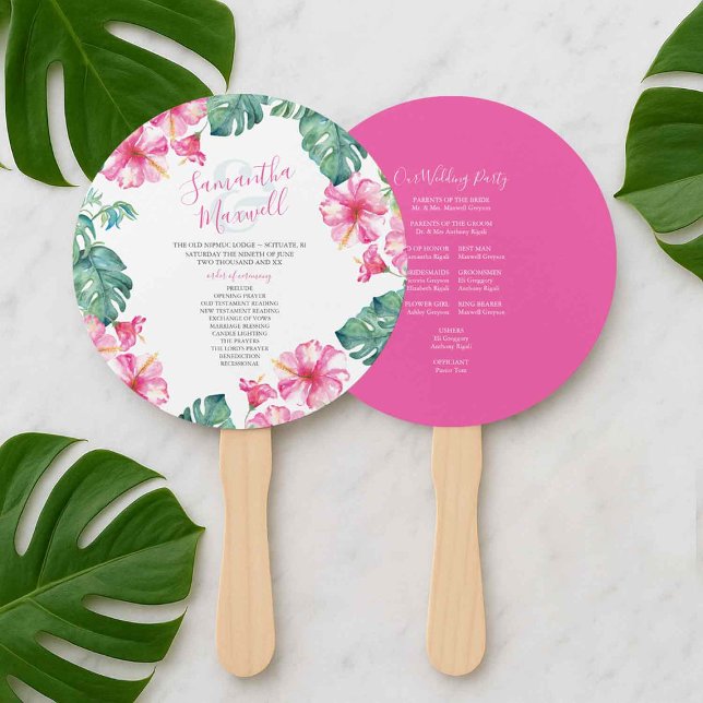 Tropical Wedding Theme Program Fan Fächer (tropical beach wedding program fans pink hibiscus flowers and palm leaves watercolor art)