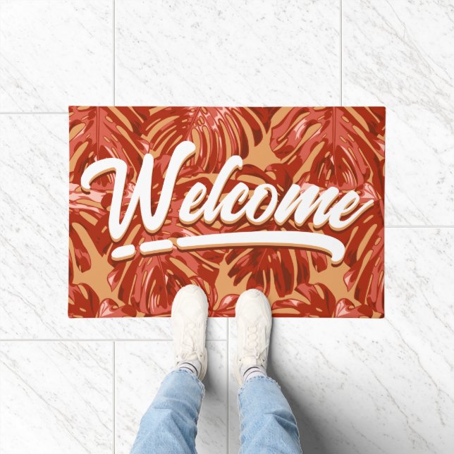 Tropical Welcome Orange Monstera Blätter Beach Fußmatte (Indoor)