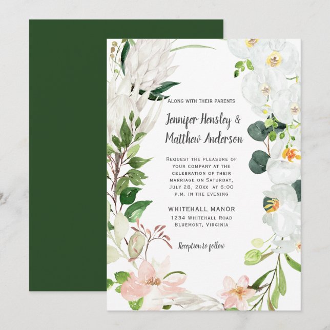 Tropical White Blush Orchids Magnolias Wedding Einladung (Vorne/Hinten)