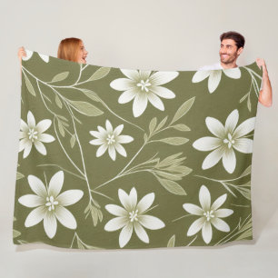 Tropical White Daisis on Olive Green Elegant Fleecedecke