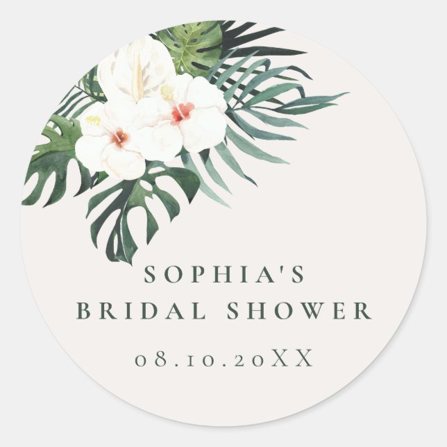 Tropical White Floral Greenery Runder Aufkleber (Vorderseite)