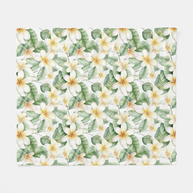 Tropical White Frangipani Blume Gemustert Fleecedecke (Vorderseite (Horizontal))