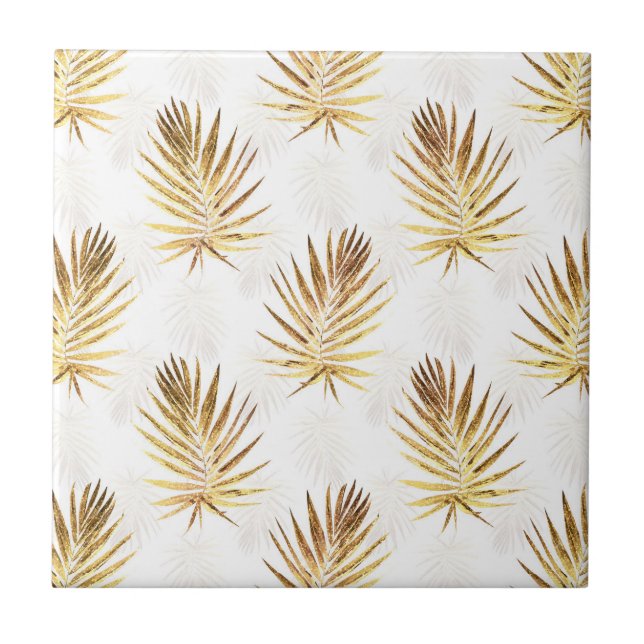 Tropical White Gold Palm Blätter Grüne Fliese (Vorderseite)