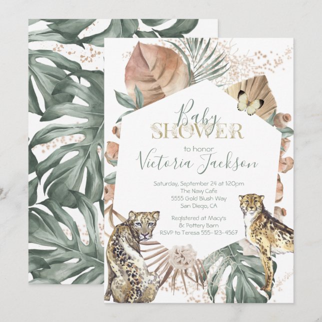 Tropical Wild Animal Palm Gold Baby Dusche Einladung (Vorne/Hinten)