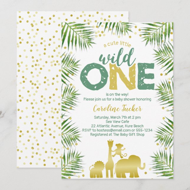 Tropical Wild One Gold Safari Animals Baby Dusche Einladung (Vorne/Hinten)