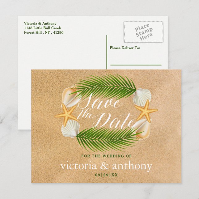Tropical Wreath Sandy Beach Hochzeit Save the Date Ankündigungspostkarte (Vorne/Hinten)