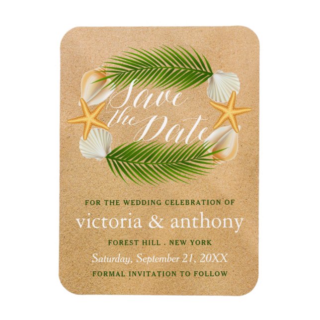 Tropical Wreath Sandy Beach Hochzeit Save the Date Magnet (Vertikal)