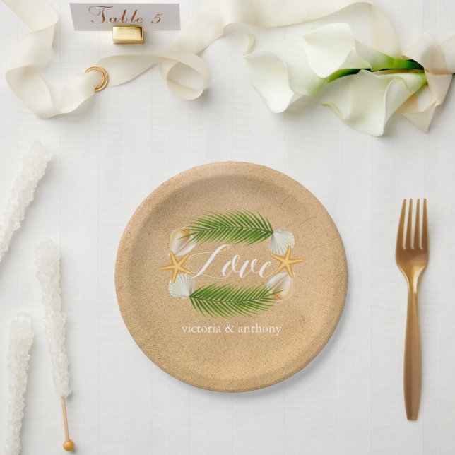 Tropical Wreath Sandy Beach Wedding Pappteller (Hochzeit)