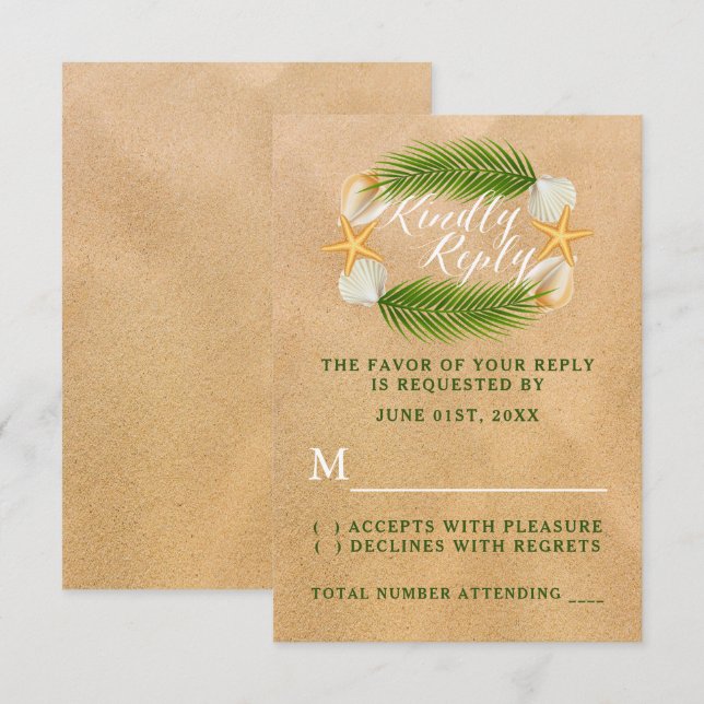 Tropical Wreath Sandy Beach Wedding RSVP Karte (Vorne/Hinten)