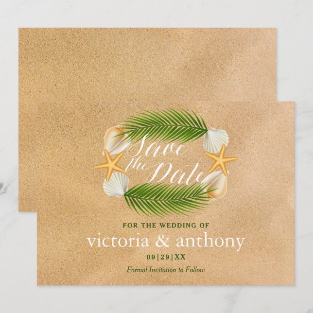 Tropical Wreath Sandy Beach Wedding Save The Date (Vorne/Hinten)