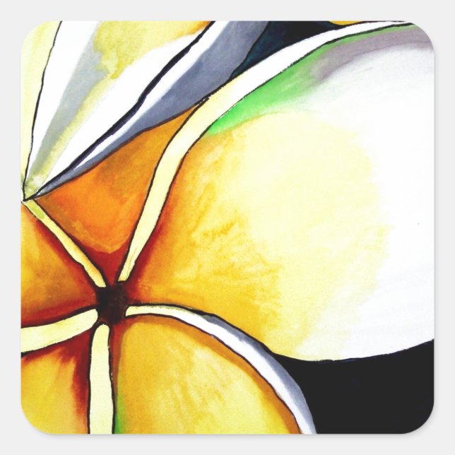 Tropical Yellow Frangipani Blume Originale Kunst Quadratischer Aufkleber (Vorderseite)