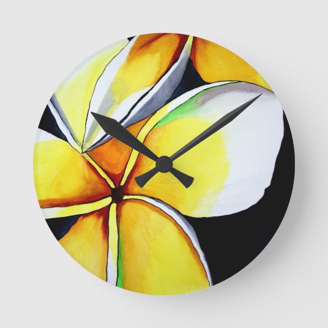 Tropical Yellow Frangipani Blume Originale Kunst Runde Wanduhr (Vorderseite)