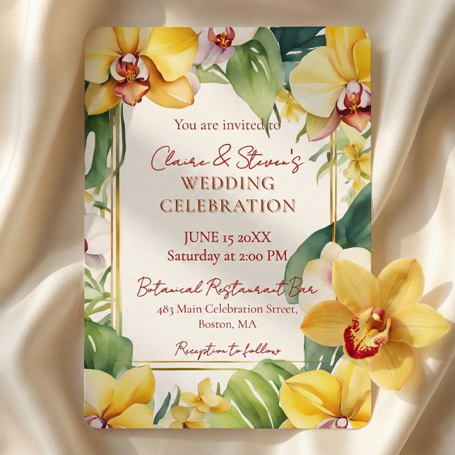 Tropical Yellow Orchid and Greenery Gold Wedding Einladung (Von Creator hochgeladen)