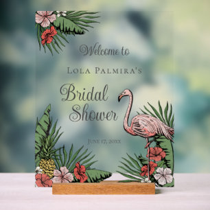 Tropicaler Blumenhochzeitsempfangsschild mit rosa Acrylschild