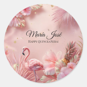 Tropicaler Flamingo Quinceañera, individuell Runder Aufkleber