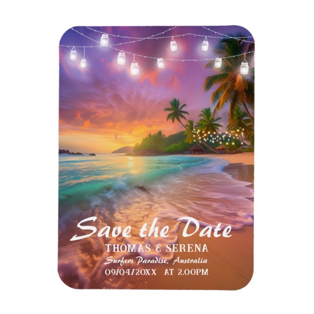 Tropicaler Sonnenuntergangsstrand QR-Code Save The Magnet (Vertikal)