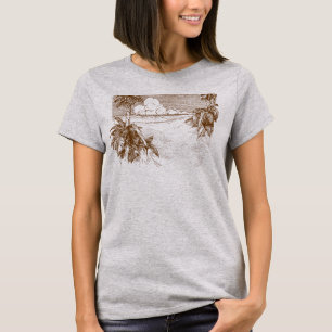 Tropicaler Strand Vintage-Radierung in braunem T-S T-Shirt