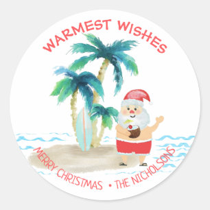 Tropicaler Surfing-Santa-Weihnachtsgrüße Runder Aufkleber