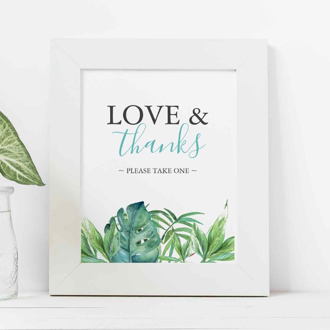 Tropicales Hochzeitsgeschenk-Schild am Strand Poster (tropical beach wedding favors sign with watercolor palm leaves and love and thanks)