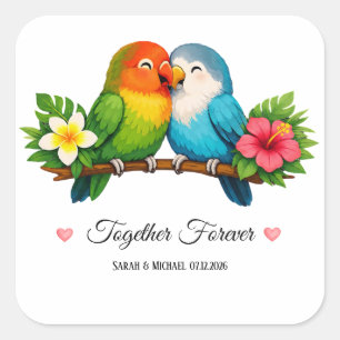 Tropicalische Liebesvögel Hochzeit Zusammen Für Im Quadratischer Aufkleber