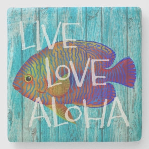 Tropicalisches Fisch-Strand-Schild 'Live Love Aloh Steinuntersetzer