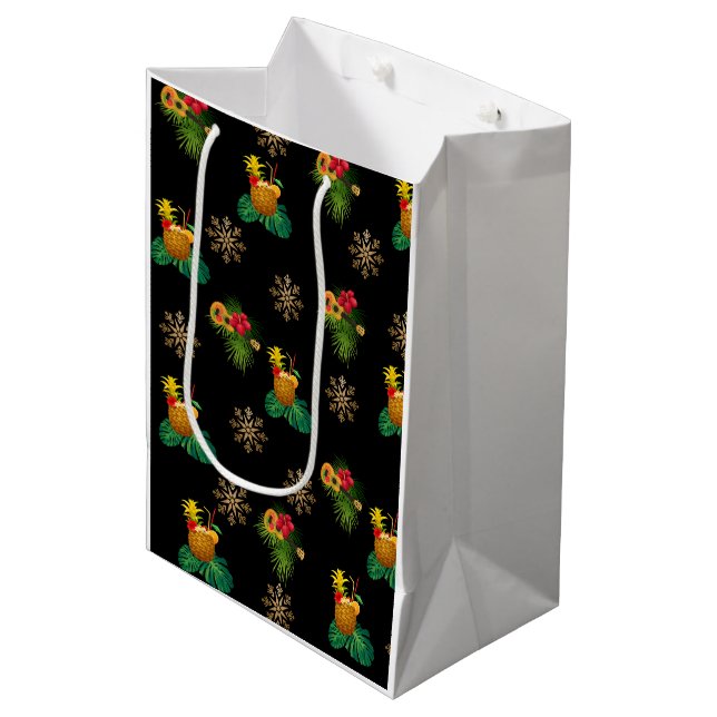 Tropicas - Ananas-Geschenktüte Elegantes Schwarzes Mittlere Geschenktüte (Vorderseite Schrägansicht)