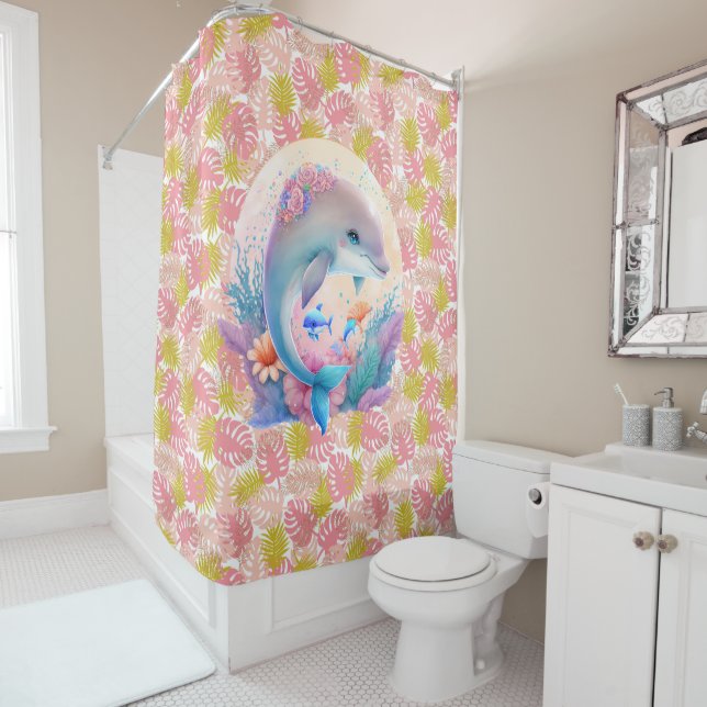 Tropiques Roses Avec Rideau De Douche Dauphin (En situation)