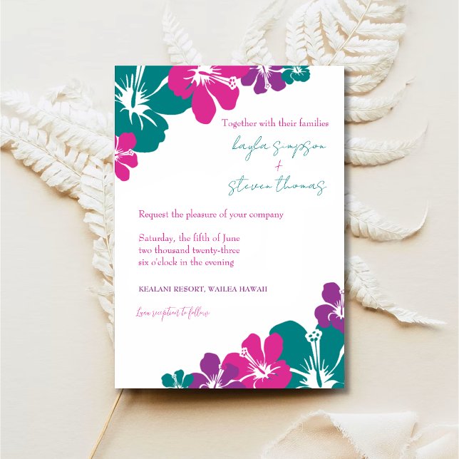 Tropisch Aquamarin rosa Lila Hibiskus Hochzeit Einladung (Von Creator hochgeladen)