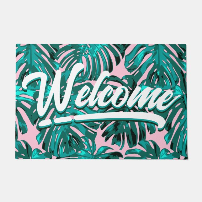 Tropisch-Aquamarin-rosa Monstera-Dschungel-Blätter Fußmatte (Vorderseite)