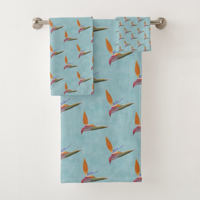 Tropisch Aquamariner Paradiesvogel handGezeichnet Badhandtuch Set (Insitu)